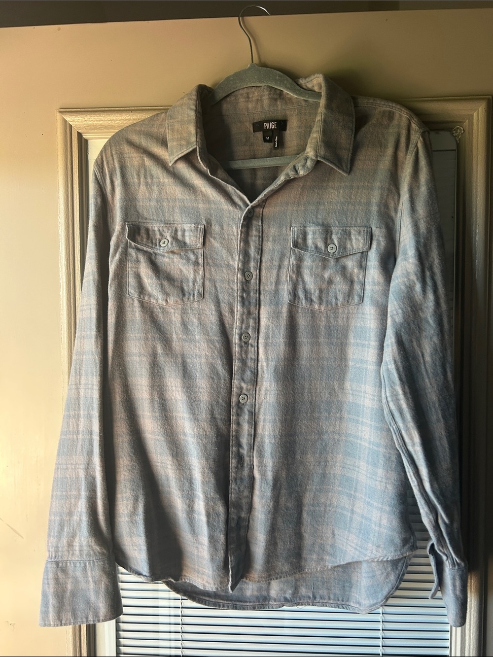 PAIGE Men's Blue and White Plaid Button-Down Shirt